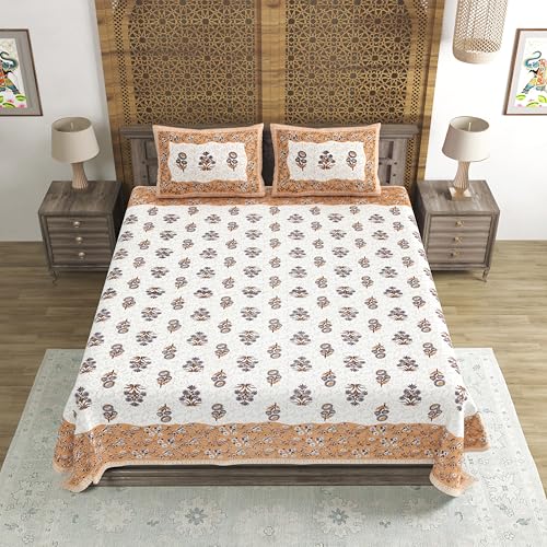 Image of BLOCKS OF INDIA Hand Block Printed 300 TC Cotton Super King Size Bedsheet(106 x 106) (GAD Brown)
