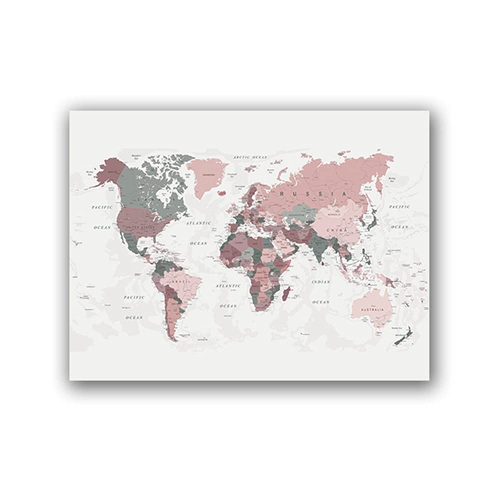 Five-Seller Mapa świata obraz na płótnie różowy i myśliwy zielona mapa plakaty i nadruki sztuka ścienna nowoczesny obraz do dekoracji salonu (1,90 x 140 cm (nieoprawiony)