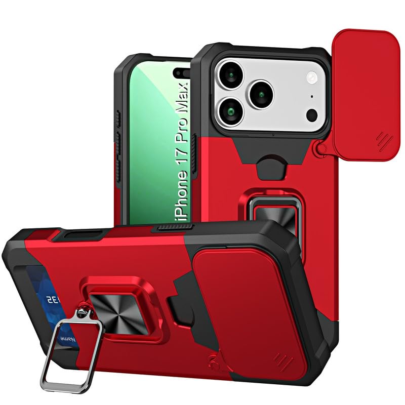 Image of LuxuryKase Shockproof Armor Case for iPhone 17 Pro Max | Slide Camera Cover | Hidden Card Slot | Rotating Ring Kickstand | Magnetic Car Mount Support | Military Grade Protection - Red