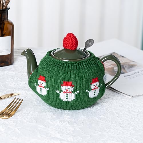 Image of British Hand Knit Teapot Cosy, Detachable Lid & Body Acrylic Insulated Sleeve with Buttons, Thermal Cover for 4 Cup 34-40oz Teapots, Hot & Cold Retention, 4 Styles Option，green