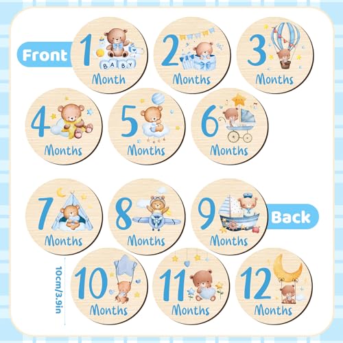 Image of Wooden Baby Monthly Milestone Cards Double Sided Baby Birth Sign Bear