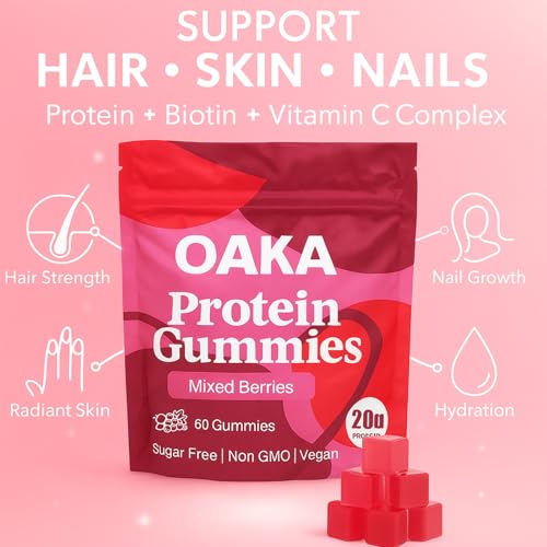 OAKA Protein Gummies, 20g Protein per Serving, Support Hair, Skin, Nails Health, Boost Energy, Protein Supplement for Women Men, Zero Sugar, Vegan, Mixed Berries Flavor, 60 Gummies - Image 5