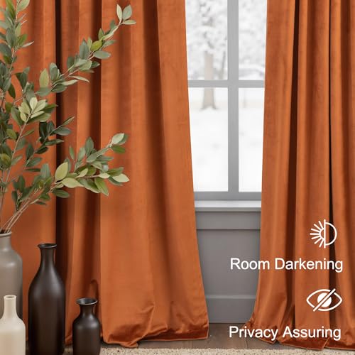 Image of Burnt Orange Velvet Room Darkening Curtains 63 Inch Length 2 Panels for Bedroom Western Fall Decor Heavy Retro Short Drapes Luxury Living Room Curtains for Dining Kitchen Laundry Terracotta Rust 52x63