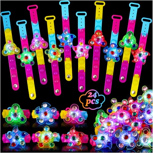 MACALOCA 24 Pack LED Light Up Fidget Spinner Bracelets Fidget Popper Bracelet Pack Treasure Box Prizes Birthday Stocking Stuffers Glow in The Dark Party Favors for Kids Ages 4-8 8-12