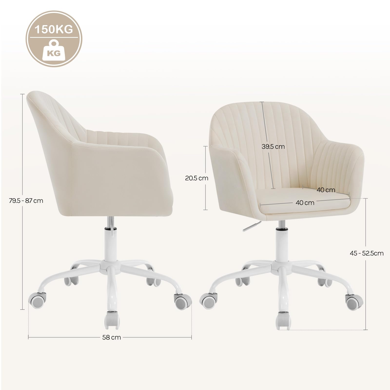 WOLTU Schreibtischstuhl, Bürostuhl ergonomisch, Homeoffice Stuhl höhenverstellbar, Schminkstuhl mit Armlehnen, Drehstuhl mit Rollen, Samt Stuhl Metallrahmen, 150 kg belastbar, Beige