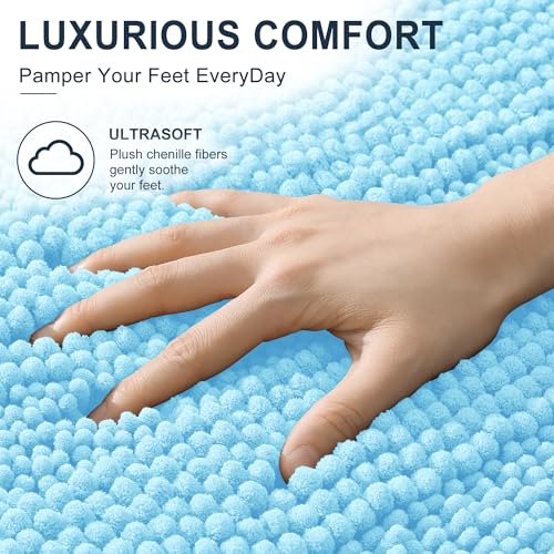 Image of Smiry Thick Chenille Bathroom Rugs 36x24, Extra Soft Absorbent Striped Bath Mat, Machine Washable, Rubber Backing, Bath Rugs for Bathroom, Tub & Shower, Home Decor Accessories, Sky Blue