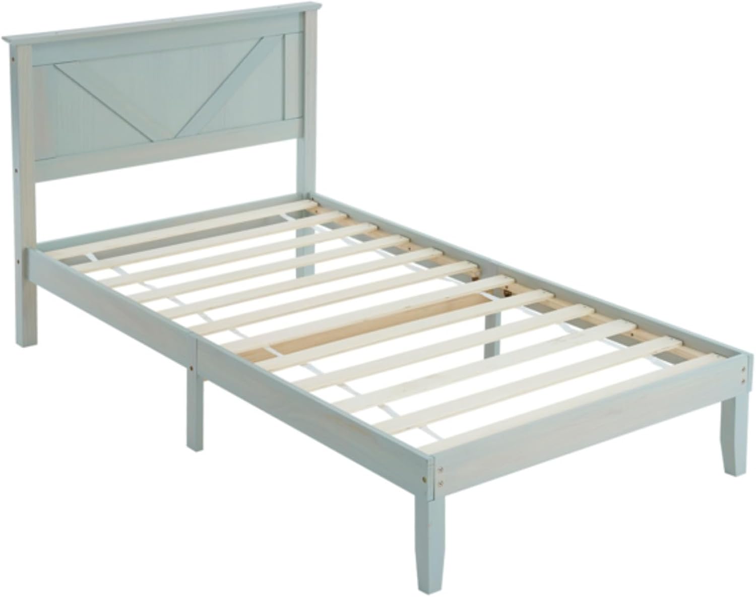 77.8" X 42" X 37.7" Stylish Wooden Bed, Single Wooden Bed, Bed Frame, Bedroom Furniture, Angled Headboard, No Footboard, 450 Lbs, 6 Legs and 14 Solid Wood Slats, Gray