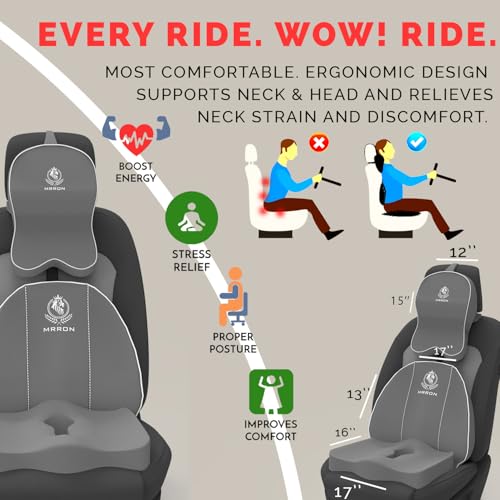 Image of MRRON Memory Foam Car Seat Cushion Combo - Backrest, Coccyx Cushion & Neckrest - Orthopedic Support for Back, Tailbone, Sciatica & Neck Pain - Ergonomic Comfort for Car, Office. (Grey, Spine Support)