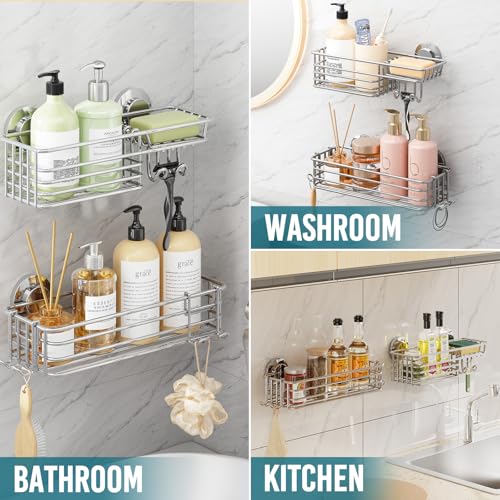 Image of TAILI Shower Caddy Suction Cup 2 Pack with Hooks and Soap Holder, Silver | Heavy Duty Shower Organizer, No Drilling Bathroom Suction Shelves, Wall Shower Caddy
