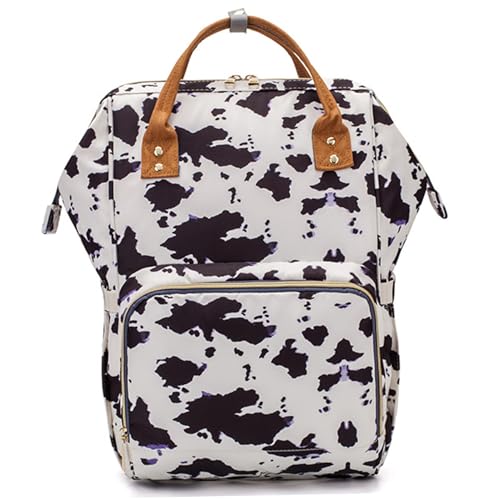 Mednkoku Bolsa de pañales de piel de vaca, mochila de viaje de impresión de vaca 17x12x6, cremallera multifunción linda bolsa de pañales esencial para mamá papá unisex, mochila de viaje para mujeres