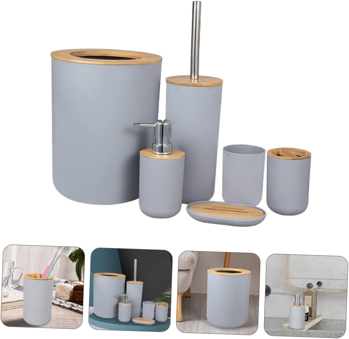 Bamboo Bathroom Toilet Accessories Lotion Bottle Toothbrush Holder Soap Dish Washing Cup Garbage Can Storage