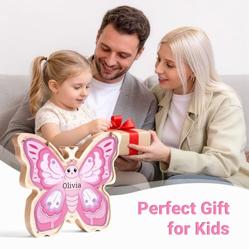 Image of Wooden Pink Butterfly Piggy Banks for Kids | Custom Wooden Pink Butterfly Coin Bank with Name, Money Jar, Educational Toy, Easter & Birthday Gift for Boys Girls