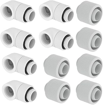 Dracaena Water Cooling Combo - 6x G1/4" 90 Rotary Male to Female Extenders + 6x 3/8" ID 5/8" OD Soft Tubing Compression Fittings for PC Liquid Cooling System, White