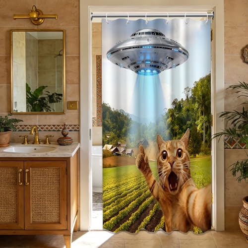 Image of Small Stall Shower Curtain Rv Funny Cat UFO, 48 x 72 Inchs