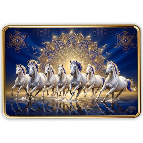 Image of Vastu 7 Seven Running Horse Photo Frame, Golden Slim Frame, Sparkle Coated Lamination, 30x45 cm (Design 9)