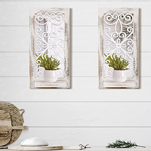Qunclay 2 Set Wood Wall Sconce Candle Holder Rustic Farmhouse Candle Sconces Mirrored Wall Candle Sconces Wooden Carved Candle Holder Wall Decor For Living Room Wall Decoration (Distressed White) #TOP2