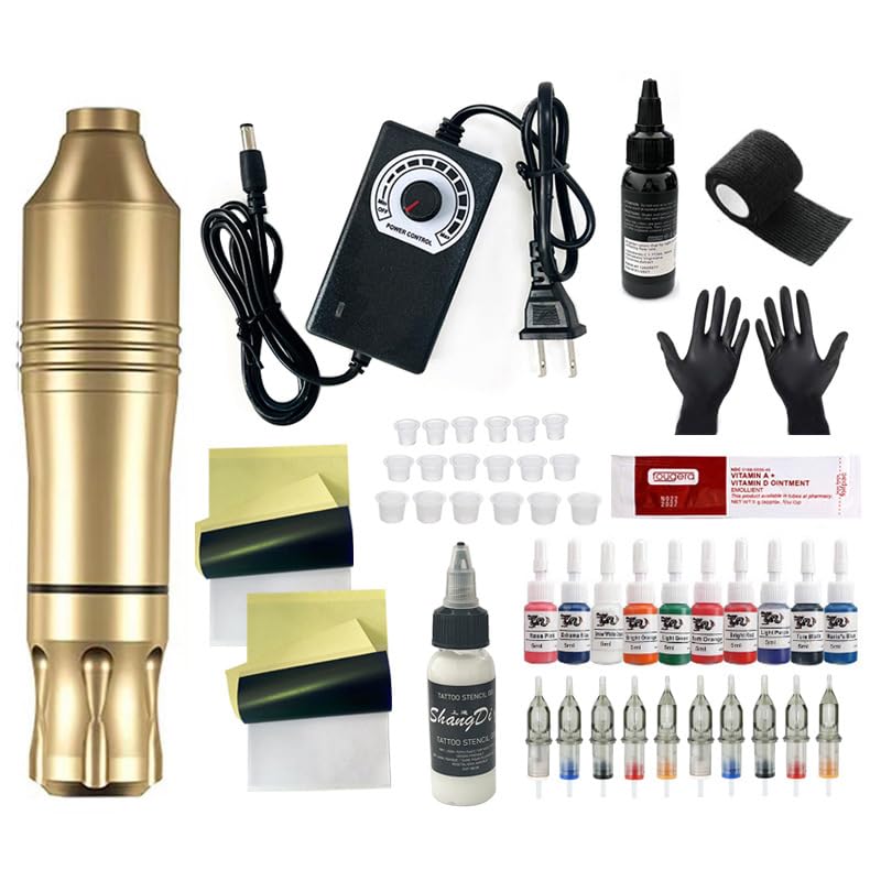 Tattoo Kit Tattoo Gun Complete Tattoo Machine Kit 20 Cartridge Needles 10 Ink Color Set for Supply Practice Skin (Sliver)