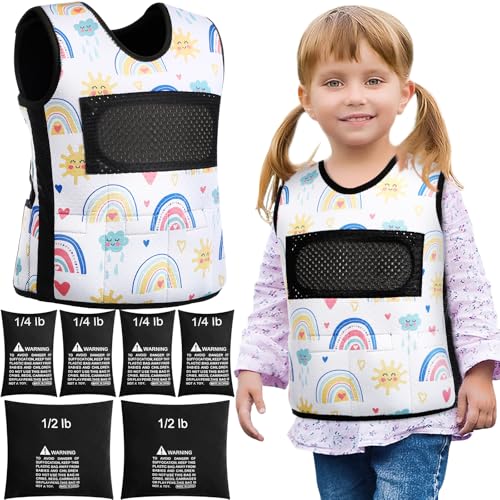 Image of Janmercy Weighted Vest for Kids Ages 2 to 9 Adjustable Neoprene Compression Vest Removable Weights Breathable Comfort Toddler(Rainbow,Small,Beige)