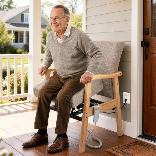 Image of EasyVibe Power Lift Chair for Elderly - Solid Wood Sit to Stand Chair with Reinforced Steel Frame, Electric Upholstered Armchair for Seniors, Office Assist & Compact Dining, 280 lbs Capacity, Beige
