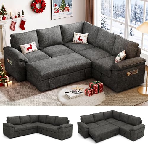 SUAWY 85 Inch Modular Sectional Sofa with Pull Out Bed,L Shaped 5 Seat Sectional Sleeper Sofa with Storage,Sectional Couches for Living Room,Cloud Modular Couch,Removable Sofa Cover,Dark Grey