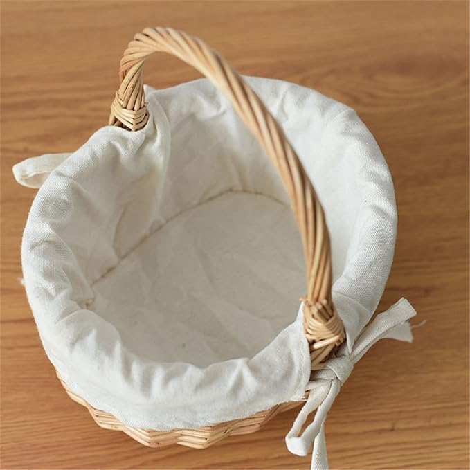 Wicker Basket with Handles 7.9inch Multipurpose Natural Willow Basket Portable Handmade Rattan Storage Container with Linen Cotton Cloth Lining Open Top Market Harvest Baskets for Fruit Egg Gathering