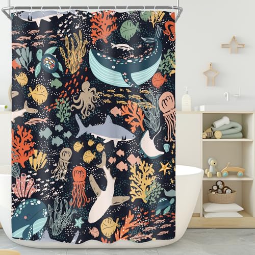 Riyidecor Stall Shark - Cortina de ducha infantil con peces, para decoración de baño, 137 cm de ancho x 198 cm de alto, criatura marina, ballena, divertida tela impresa bajo el agua, tela de poliéster