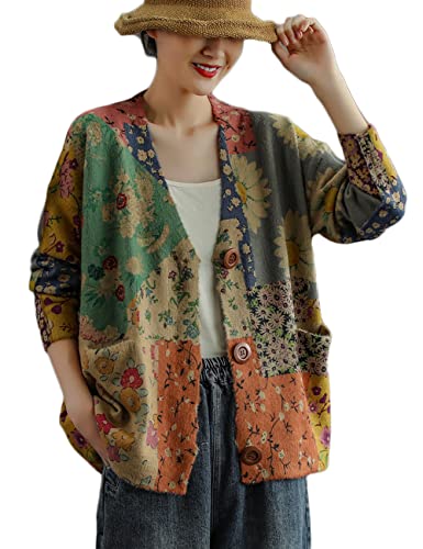NFYM Women Cardigan Sweaters Open Front Graphic Printed V Neck Retro Knit Outwear with Pockets