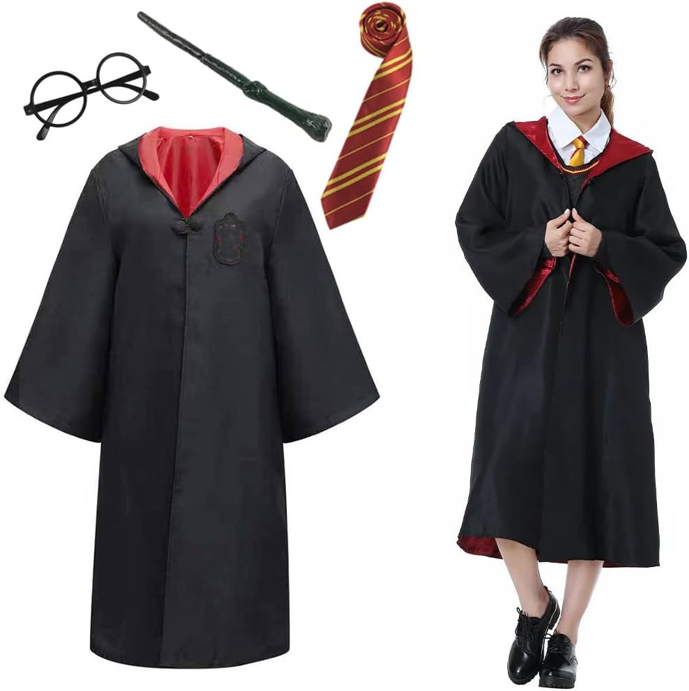 - PATPAT Har*y Potter Wizard Costume Robe Set, Cosplay for Women Men School Magic Cloak With Wands, Tie & Glasses for Adult Teens (Size L, Height 170-175cm), Black, Red Color, Down