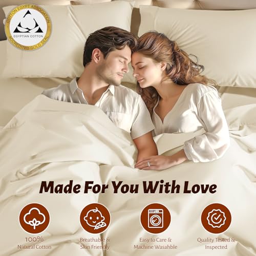 Shilucheng 100% Egyptian Cotton Sheets Set - 1000 Thread Count,Luxury Cotton Bed Sheets,Breathable & Cooling Bedding and Pillow Cases, 16 Inch Deep Pocket - 4 Piece (California King, Beige)