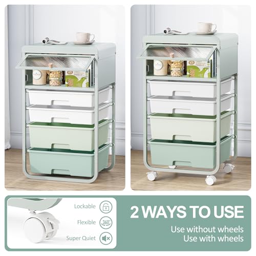 Image of SYKIARIOL 4 Drawers Rolling Storage Drawer Craft Organizers Bookshelf Cart with Dust-Proof Door for Kids Playroom,Bedroom,Home Office, Green