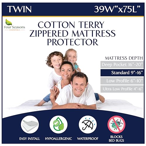 Zippered Waterproof Mattress Encasements - Hypoallergenic Mattress Protector Cover with Soft Cotton Terry Fabric Top - Twin Size 39' x 75'