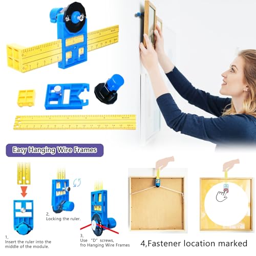 Image of laffeya Precision Hanging Marker Kit, Picture Hanging Spacing Tool Built-in Ruler, Level & Screws - Marking for Perfectly Aligned Photo Walls & Artwork (Steel Pointed)