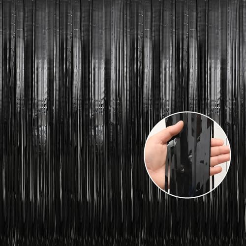Image of Crosize 4 Pack 3.3 x 9.9 ft Black Foil Fringe Backdrop Curtain, Streamer Backdrop Curtains, Streamers Birthday Party Decorations, Tinsel Curtain for Parties, Photo Booth Backdrops, Party Decor