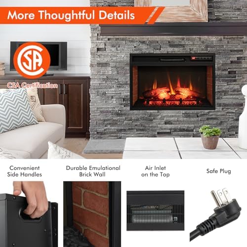Tangkula 26 Inch 1400W Electric Fireplace Insert, 4777 BTU Recessed Freestanding Fireplace Heater with Remote Control, 3-Level Flame Effect, Overheat Protection (Black) - Thumbnail 5