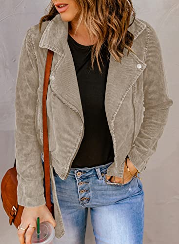 Dokotoo Winter Coats For Women Fashion Cropped Outerwear Long Sleeve Lapel Neck Fitted Zipper Belt Fall Corduroy Motorcycle Jacket Apricot Large #TOP2