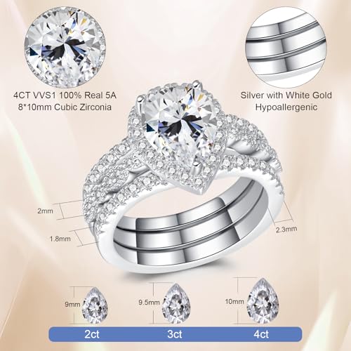 6CT Pear Shaped Engagement Ring, Bridal Promise Wedding 5A Cubic Zirconia 2-in-1 White Gold Plated Band Set for Women, Size 5-103