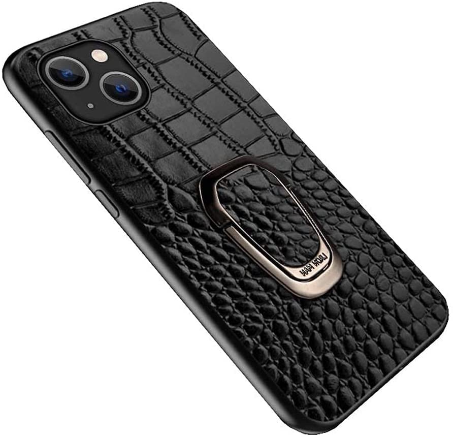 Coque arrière iPhone 13 cuir crocodile noir support magnétique doigt et vitre