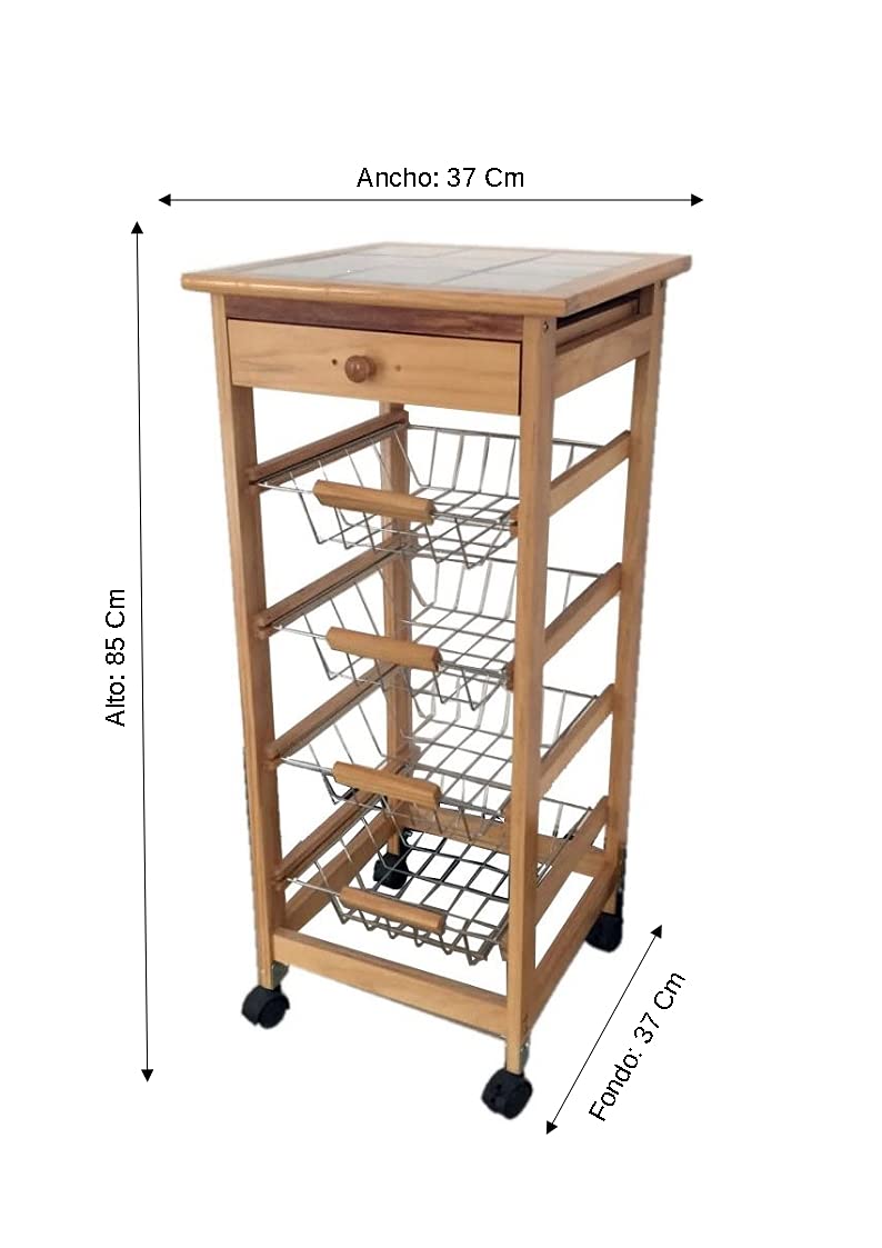 Meyvaser Carrello da cucina in legno, Carrello da cucina con ruote salvaspazio, 1 cassetto e 4 vassoi in metallo 85x37x37 Cm Colore Miele