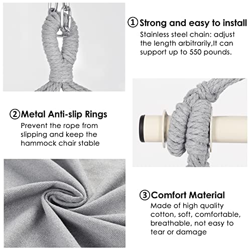 Y- Stop Hammock Chair Hanging Rope Swing Chair, Max 500 Lbs, 2 Seat Cushions Included, Removable Steel Spreader Bar With Anti-Slip Rings, Hardware Kit-For Indoor Or Outdoor(Light Grey) #TOP2