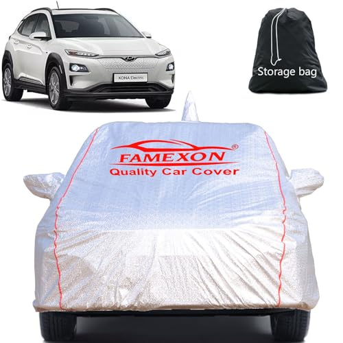 Image of Full Body Car Cover for Hyundai Kona with Mirror and Antena Pocket Triple Stiched(Silver with Red Piping)