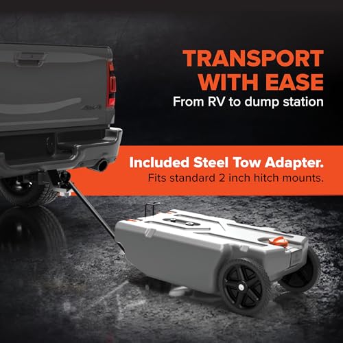 Camco Rhino 28-Gallon Portable Camper/RV Tote Tank | Features 2 Steerable No-Flat Front Wheels & Built-In Gate Valve | Includes Removable 24" Tow Bar, 3’ Sewer Hose & More RV Accessories (39005)