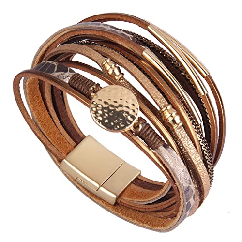 Leather Wrap Bracelets For Women Gold Plated Tube Multilayer Braided Bracelet Boho Cuff Bracelet Leather Wrist Cuffs Layered Bracelets For Teen Girls,Wife,Daughter, Ladies,Sister #TOP7