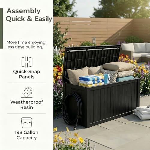 Image of 198 Gallon Resin Deck Box - Finally, a Lockable Outdoor Storage That Fits Everything (Cushions, Tools, Pool Gear & BBQ) - Weatherproof Wood Grain Design for Patio, Garden, Office, Home Indoor Outdoor