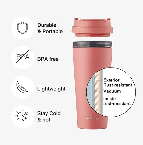 Miniatura 2 de LocknLock Vaso de café negro de 18 onzas con tapa a prueba de fugas, sin BPA, de doble pared, de acero inoxidable, aislado al vacío, taza de viaje