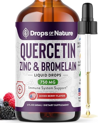 Quercetin with Bromelain & Zinc (5mg) Liquid Drops – Immune Support for Adults & Kids – Ultra-Concentrated Bioflavonoids – Immune Defense – Cellular Health – Vegan, Non-GMO, Gluten Free – 2 Fl Oz