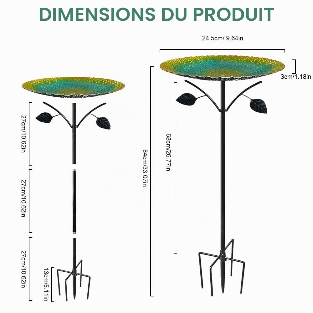 Abreuvoir Oiseaux Extérieur, 83cm Métal Bain d'oiseaux avec Base Stable 5 Broches, Mangeoire Oiseaux Exterieur sur Pied pour Oiseaux Sauvages, Jardin, Terrasse et Balcon（Vert）