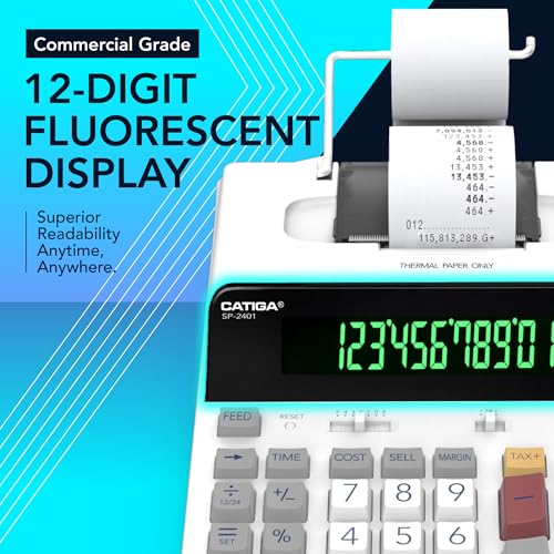 CATIGA Calculadora de impressão térmica de 12 dígitos com impressão em fita, máquina de adição sem t