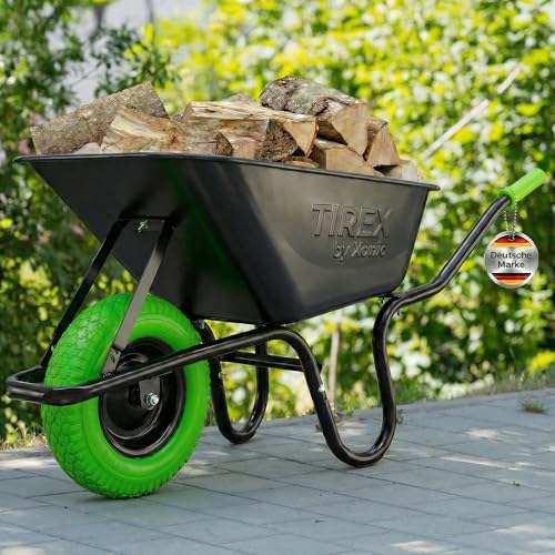 TIREX by xonic® Schubkarre mit Stahlfelge – Verzinkte Wanne bis 250kg/ 100l - Robuste Ausführung für Garten und BAU – Schieb-Karre mit PU Vollgummi-Rad (Grün- Schwarz)