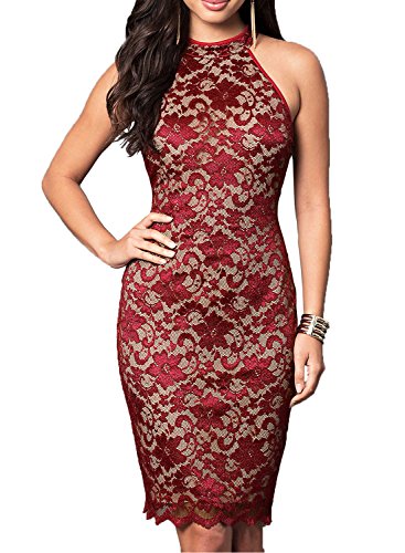 WOOSUNZE Women's Elegant Sleeveless Floral Lace Vintage Midi Cocktail Party Dress (Medium, Burgundy)