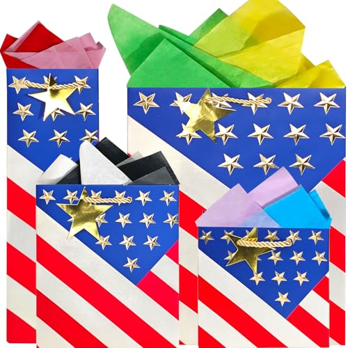 suosicn 4 Pack US Flag Paper Gift Bags with Handles Assorted Sizes Gift Bags For Memorial Independence, Birthdays, Veterans Day, 4th of July